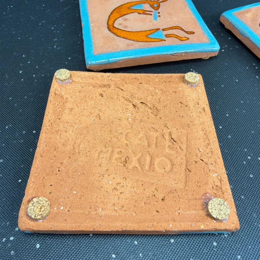 Tecate Mexico Kokopelli Terracotta Tiles Set of 4 Turquoise Orange 4in Coasters